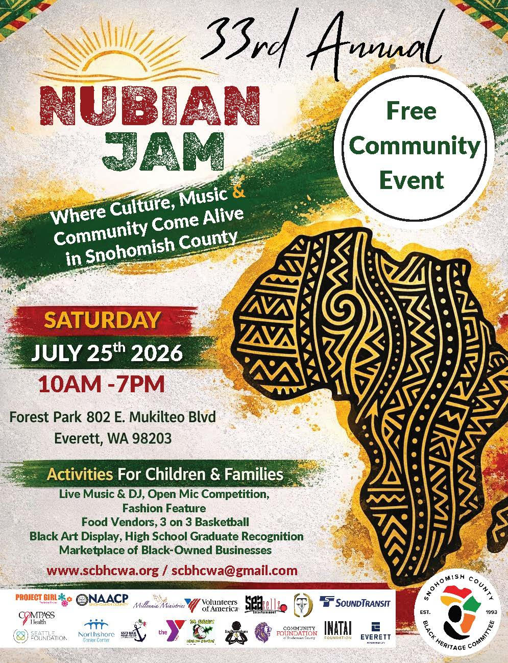 33rd Annual Nubian Jam 2026 free community event July 25 Forest Park Everett WA